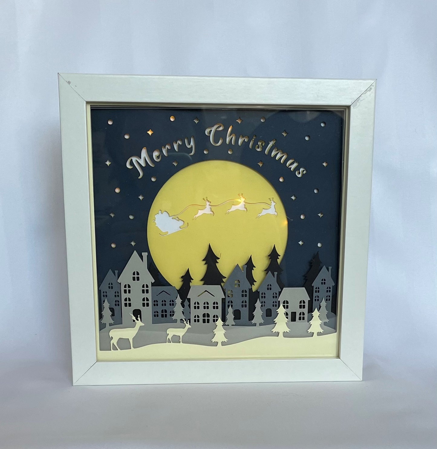 Merry Christmas Town Shadow Box - White