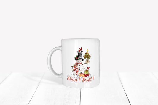 Merry and Bright Tree and Presents Snowman mug